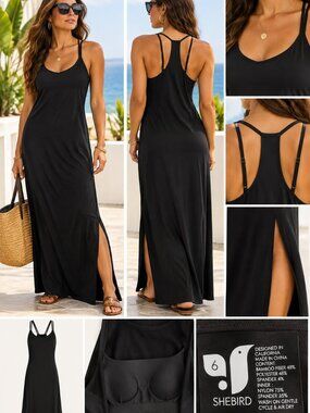 SheBird Black Bamboo Blend Maxi Dress Size 6 Built In Bra Racerback Side Slit